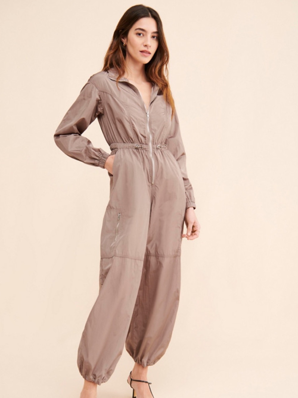 Rare London Taupe Utility Jumpsuit - Women's Long Sleeve Zip Front